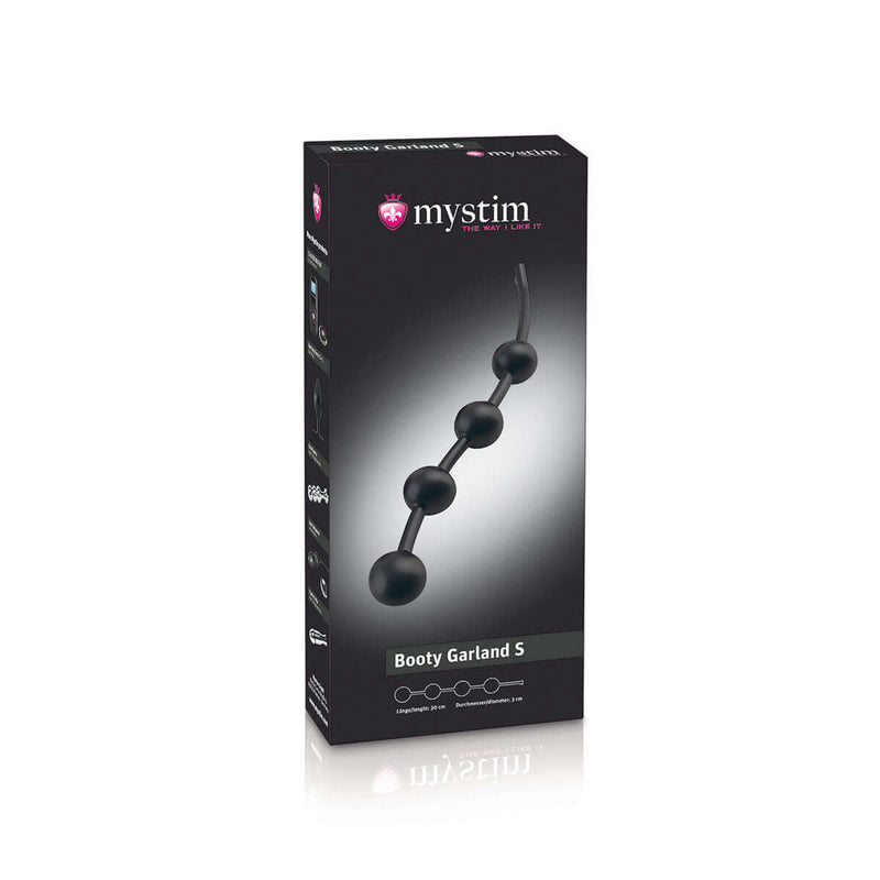 Mystim Booty Garland Small Anal Beads package featuring unique e-stim technology for anal pleasure.