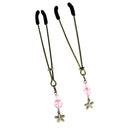 Sex Kitten Tweezer Nipple Clamps Pink Flower with pink beads and flower charms for adjustable pleasure.