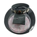 Sex Kitten Leather 5-Snap Adjustable Cock Ring Black displayed on a circular base with a glossy black package.