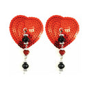 Bijoux De Nip Red Sequin Heart Pasties With Faceted Beads showcasing sparkling red sequins and dangling beads.