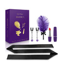 Rianne S Ana's Trilogy I Sensual Bondage Kit including feather, nipple jewelry, blindfold and lipstick.
