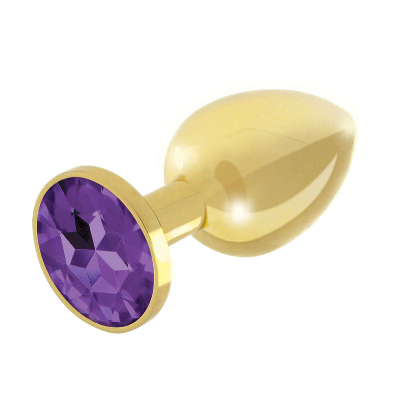 Rianne S 2-Piece Booty Plug Luxury Set Gold featuring a gold plug with a purple gemstone, perfect for luxury pleasure.