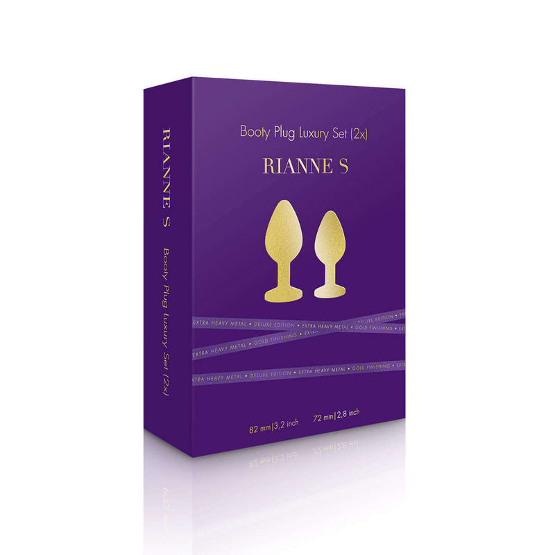 Rianne S 2-Piece Booty Plug Luxury Set Gold packaging featuring two elegant booty plugs.