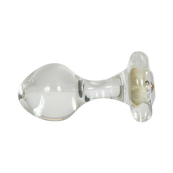Crystal Delights Small Clear Plug with Gem Aurora Borealis, handcrafted erotic art with smooth finish and Swarovski crystal.