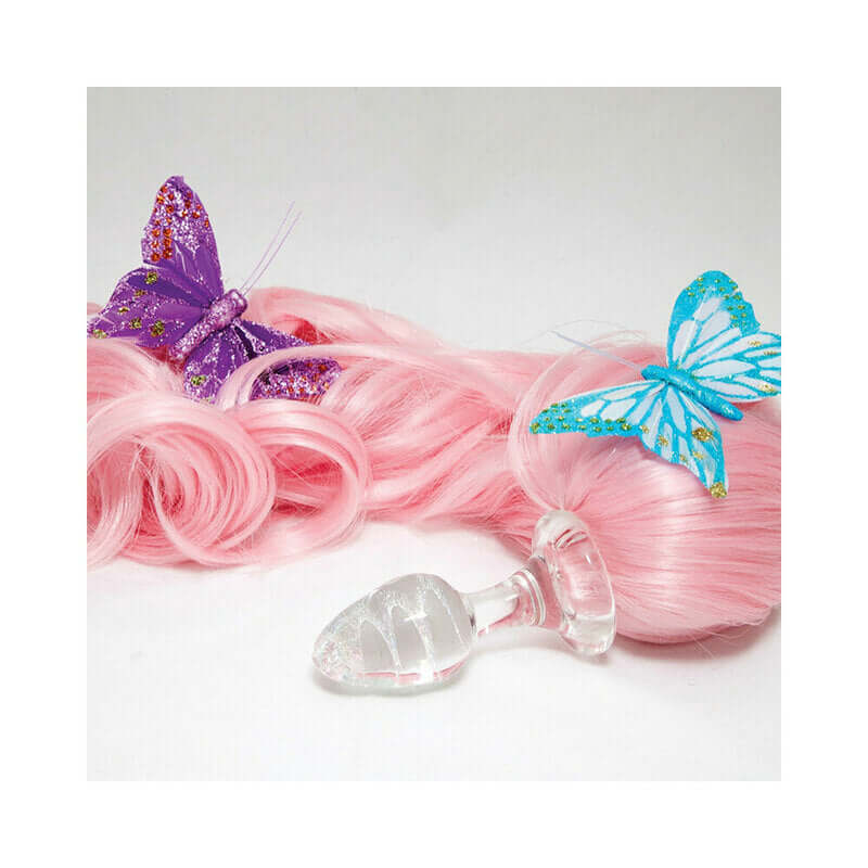 Crystal Delights Minx Pony Tail Plug Baby Pink with pink hair and butterfly clips