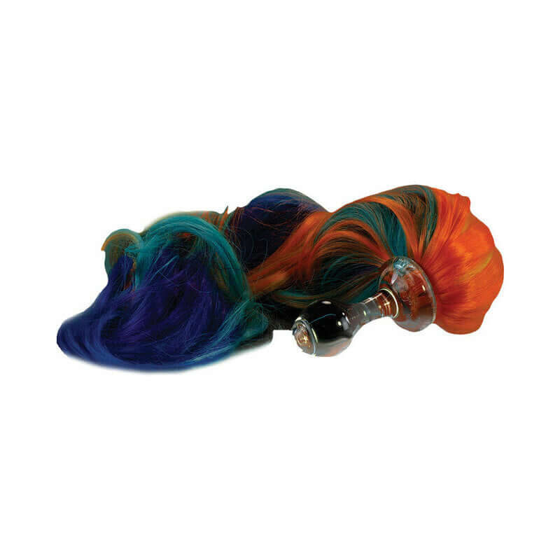 Crystal Delights Minx Pony Tail Plug Rainbow with colorful ponytail attached, showcasing vibrant colors and elegant design.