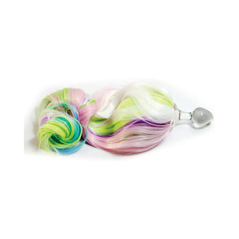 Crystal Delights Minx Pony Tail Plug Pastel Rainbow with colorful pastel hair and glass plug.