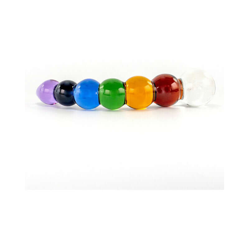 Crystal Delights Rainbow Bubble Dildo with Dichroic Bulb showcasing vibrant colored glass beads.