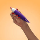 A hand holding the Fun Factory Volita Vibrator Violet against a vibrant orange background.