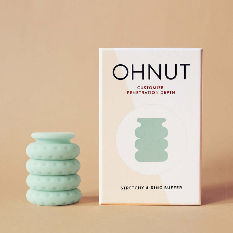 Ohnut Depth-Limiting Rings 4-Pack Jade with packaging and rings for customizable penetration depth.