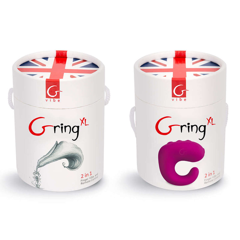 Gvibe Gring XL 2-in-1 Finger Vibe and Remote Control Pink packaging featuring stylish design and functionality.