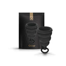 Gvibe Gcup Menstrual Cup Mystic Noir packaging and two menstrual cups displayed on a sleek background.