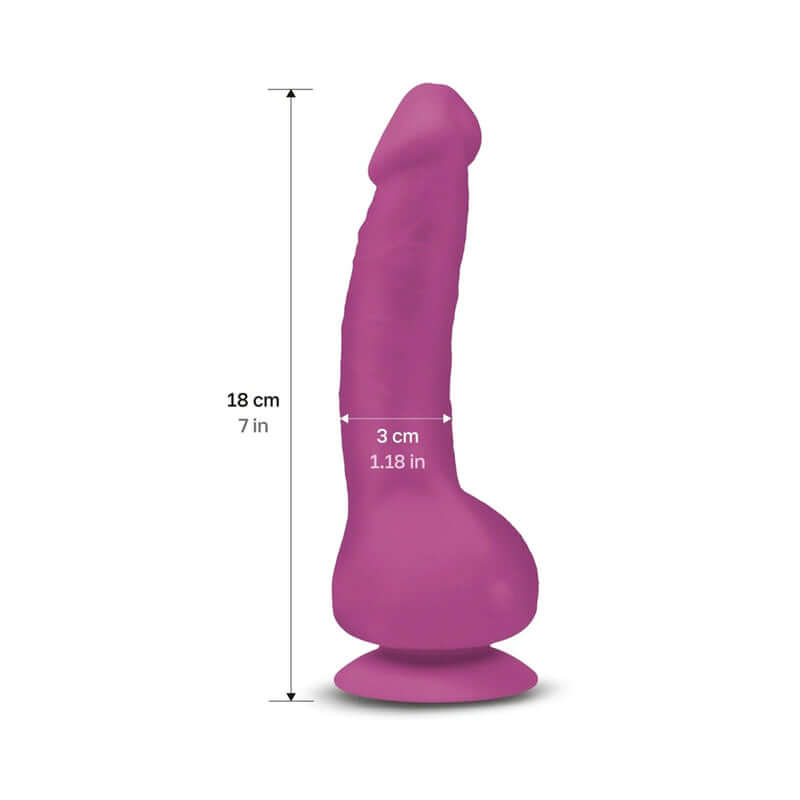 Gvibe Greal MINI 7 inches Vibrating Dildo Fuchsia shown with measurements on a white background.