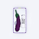 Emojibator Eggplant XL Emoji Vibrator Purple in packaging with user manual and cleaning cloth.