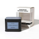 Eye of Love Confidence Attract Her Pheromone Massage Candle in stylish packaging, designed for warming massage oils.