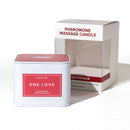 Eye of Love One Love Attract Him Pheromone Massage Candle in a white container with red label and box.