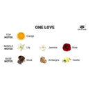 One Love fragrance notes chart featuring orange, lily, jasmine, rose, musk, ambergris, and vanilla.