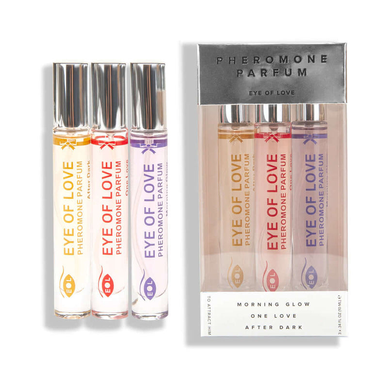 Eye of Love Attract Him Pheromone Parfum 3 Piece Set 10 ml with three fragrance vials in attractive packaging.