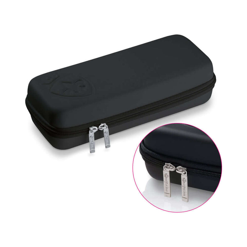 Mystim Tickling Truman E-Stim Vibrator storage case with dual zippers and black exterior.