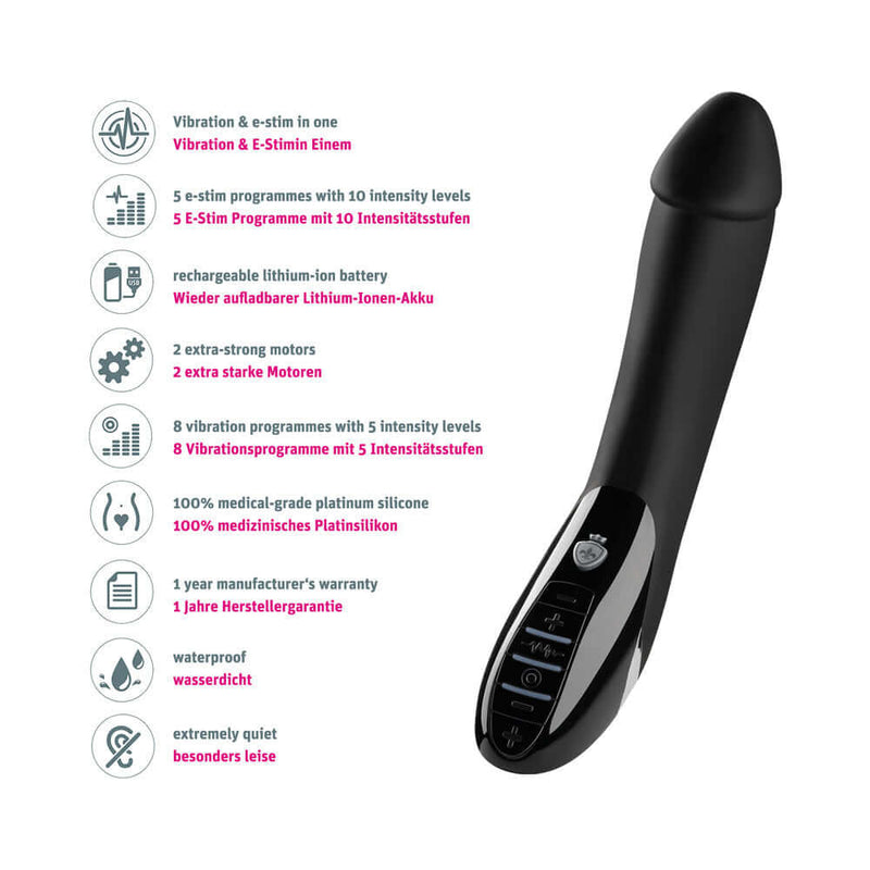 Mystim Tickling Truman E-Stim Vibrator features vibration, E-stim, multiple programs, and waterproof design.