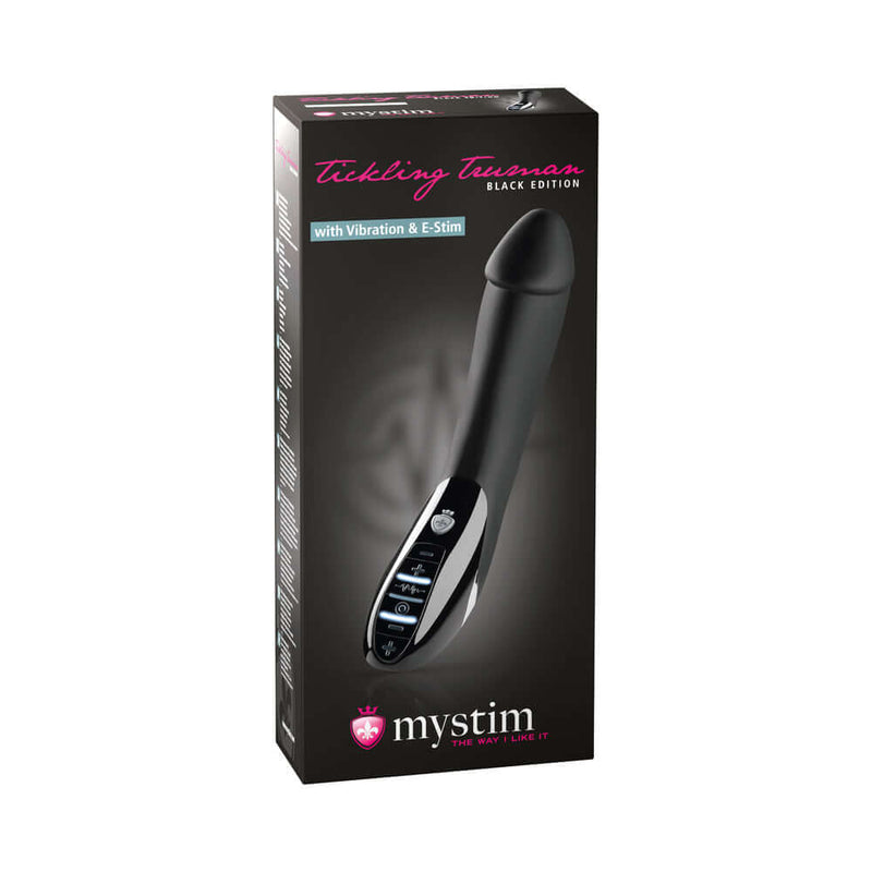 Mystim Tickling Truman E-Stim Vibrator in packaging showcasing its sleek design and features for deep vibration and electrostimulation.