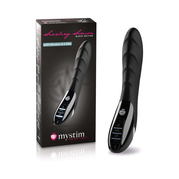 Mystim Sizzling Simon E-Stim Vibrator in black, featuring vibration and E-Stim capabilities.