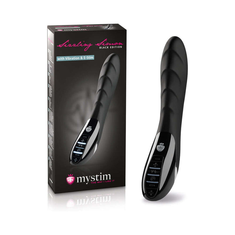 Mystim Sizzling Simon E-Stim Vibrator in black, featuring vibration and E-Stim capabilities.