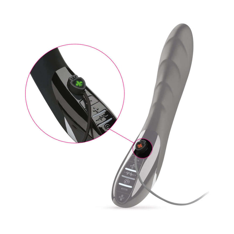 Mystim Sizzling Simon E-Stim Vibrator with highlighted control button and stimulation settings.