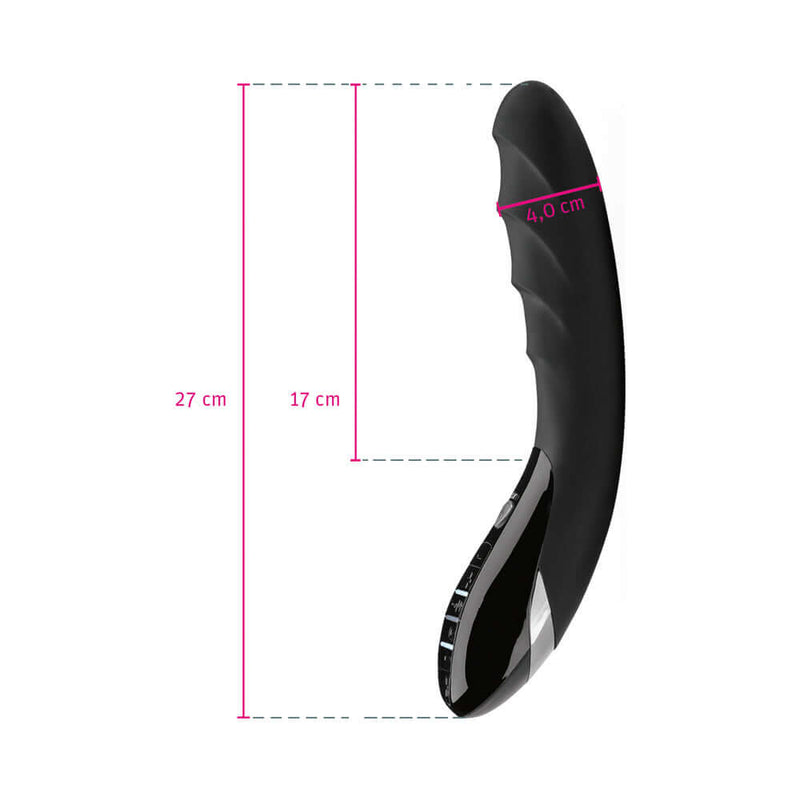 Mystim Sizzling Simon E-Stim Vibrator dimensions showing 27 cm length and 4 cm width.