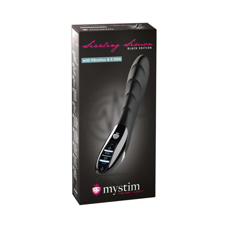 Mystim Sizzling Simon E-Stim Vibrator packaging showcasing powerful vibration and electrostimulation features.