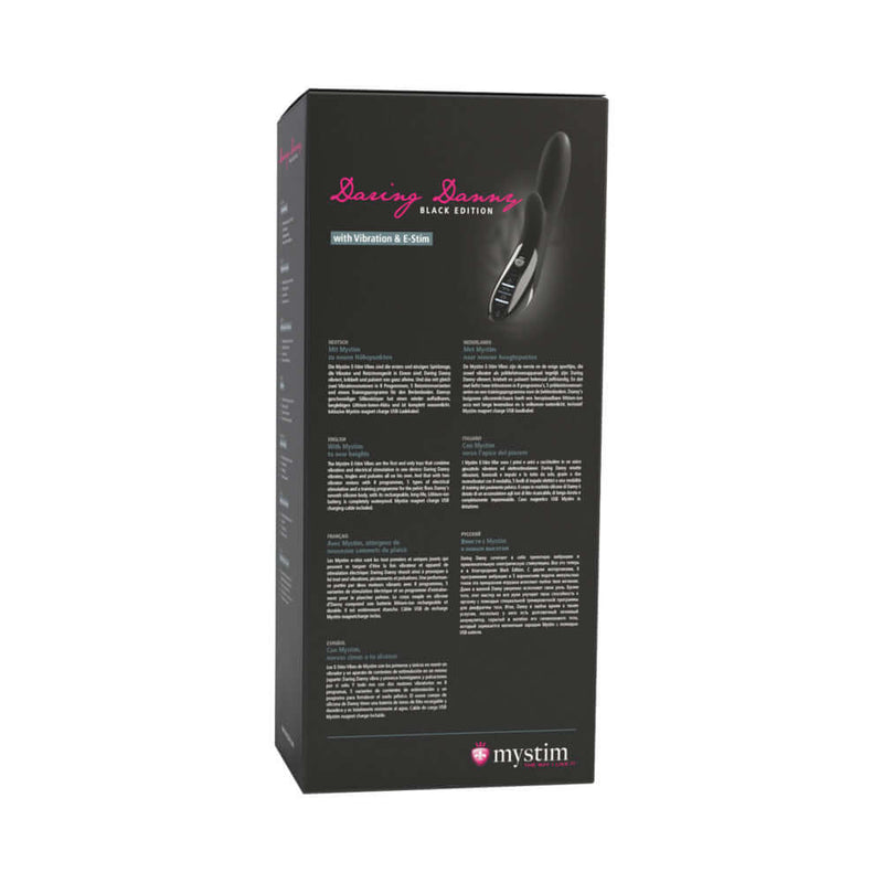 Mystim Daring Danny E-Stim Vibrator packaging featuring e-stimulation and vibration details.