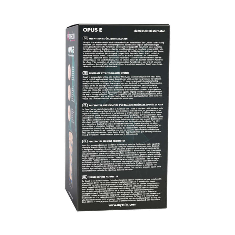 Mystim Opus E stim Masturbator packaging showcasing product features and details.