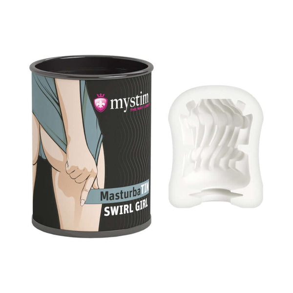 Mystim MasturbaTIN Swirl Girl Stroker in packaging beside the stroker product for pleasurable solo play.