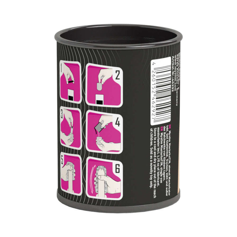 Instructions for using the Mystim MasturbaTIN Swirl Girl Stroker, showcasing six easy steps for optimal use.