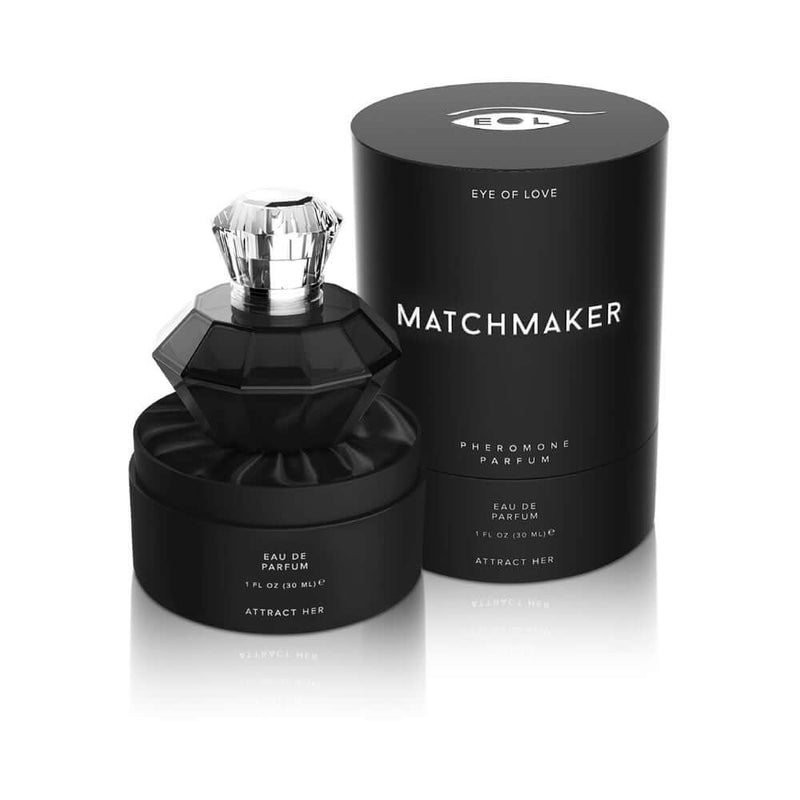 Eye of Love Matchmaker Black Diamond Attract Her Parfum 1 Oz bottle and packaging with black diamond design.
