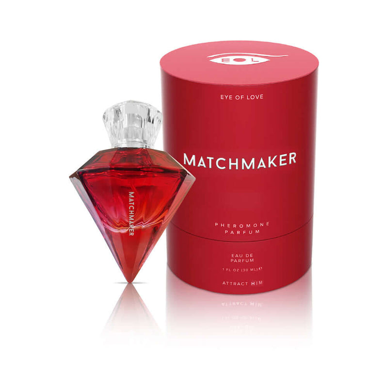 Eye of Love Matchmaker Red Diamond Attract Him Parfum 1 Oz bottle and packaging displayed on a white background.
