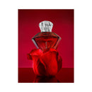 Eye of Love Matchmaker Red Diamond Attract Him Parfum 1 Oz bottle on red rose background.