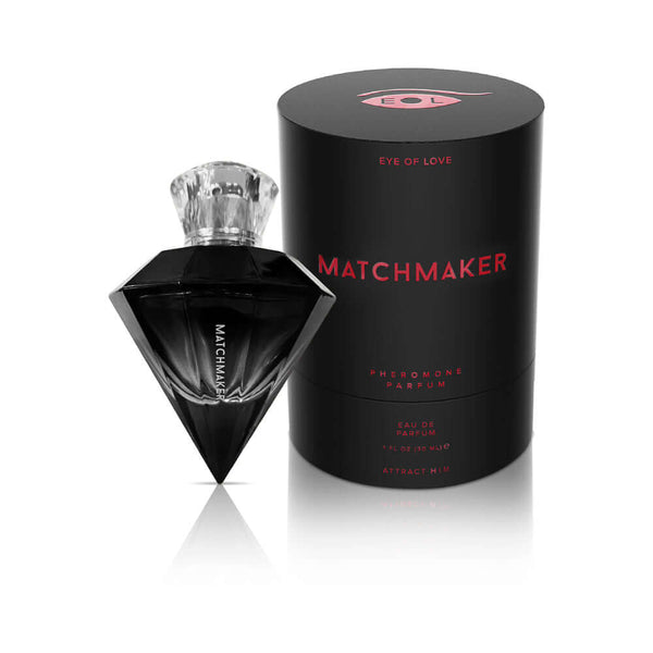 Eye of Love Matchmaker Black Diamond Attract Him Parfum 1 Oz bottle and packaging on display.