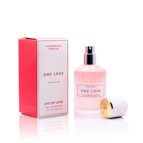 Eye of Love One Love Attract Him Pheromone Parfum 1.67 Oz bottle and box packaging on a white background.
