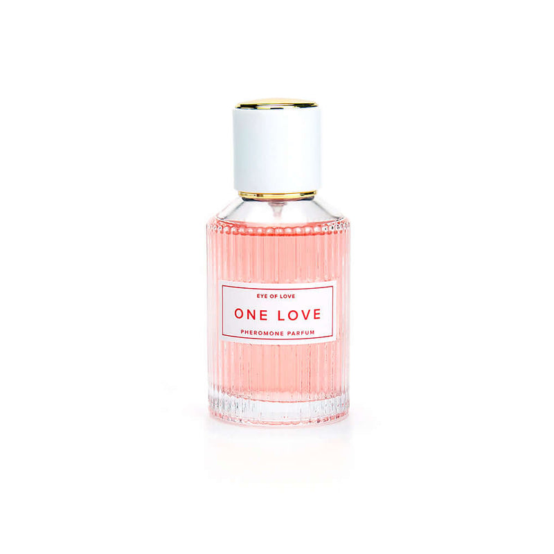 Eye of Love One Love Attract Him Pheromone Parfum 1.67 Oz in a perfume bottle with pink liquid.