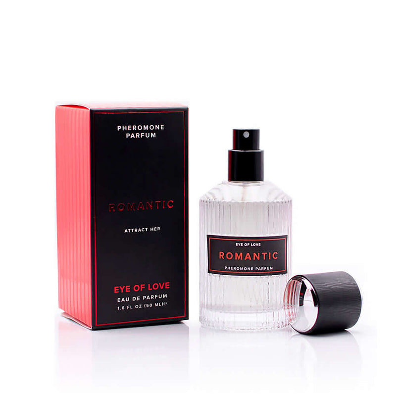 Eye of Love Romantic Attract Her Pheromone Parfum 1.67 Oz bottle and box, designed to captivate and elevate confidence.