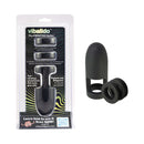 ViBalldo Black Vibrating Penis Sleeve packaging and product, designed for dual pleasure stimulation.
