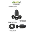 ViBalldo Black Vibrating Penis Sleeve features, including size and design specifications.