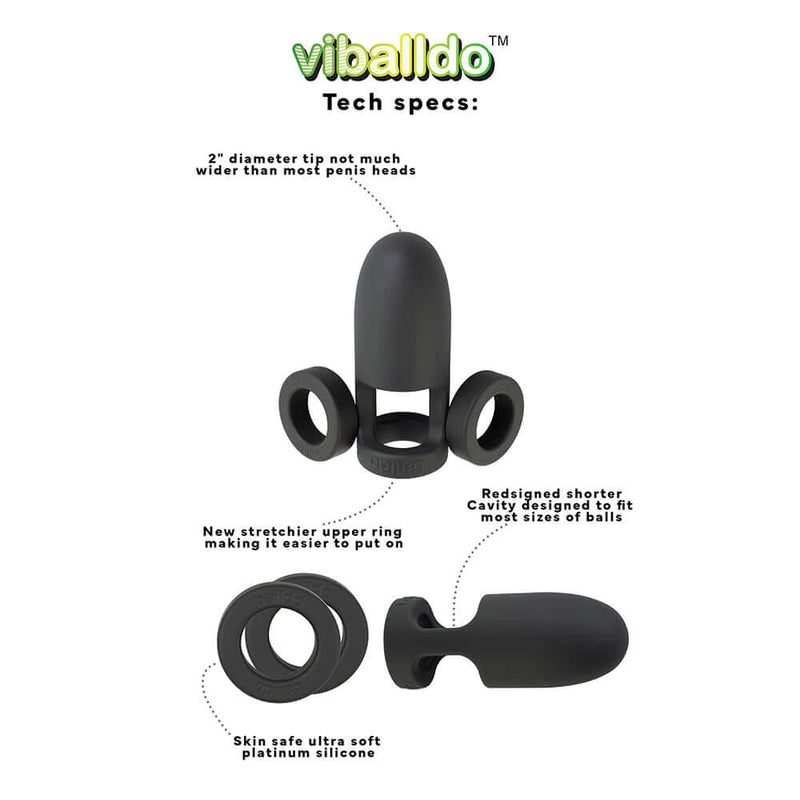 ViBalldo Black Vibrating Penis Sleeve features, including size and design specifications.