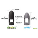 ViBalldo Black Vibrating Penis Sleeve dimensions and features, including 2-inch diameter and shorter cage for better ball fit.