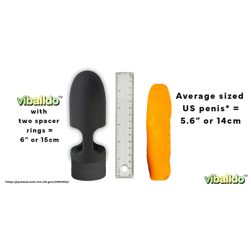 ViBalldo Black Vibrating Penis Sleeve with two spacer rings and size comparison to average US penis and carrot.