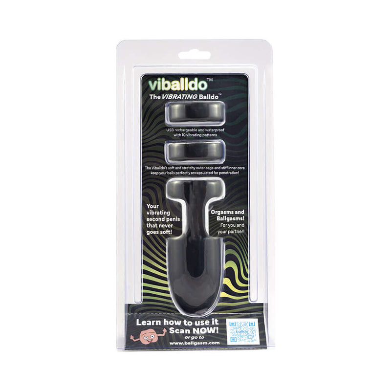 ViBalldo Black Vibrating Penis Sleeve packaging featuring a unique design for simultaneous stimulation.