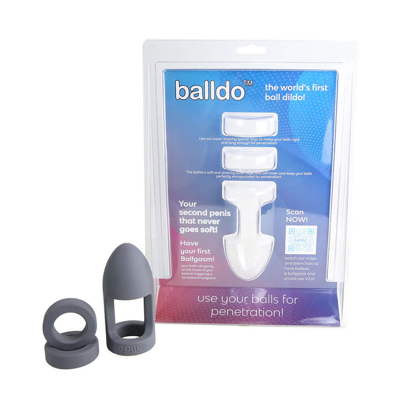 Balldo Set Steel Grey Penis Balls Sleeve packaging and product display.