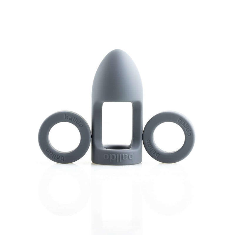 Balldo Set Steel Grey Penis Balls Sleeve featuring two grey rings and a central sleeve for enhanced pleasure.