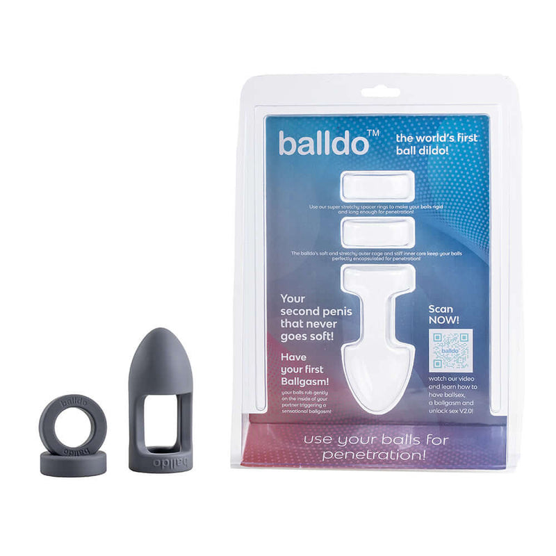 Balldo Set Steel Grey Penis Balls Sleeve products including a ball dildo and insertion sleeve.